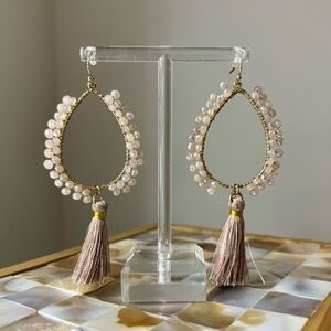 Beige & Mauve Beaded Tassel Earrings